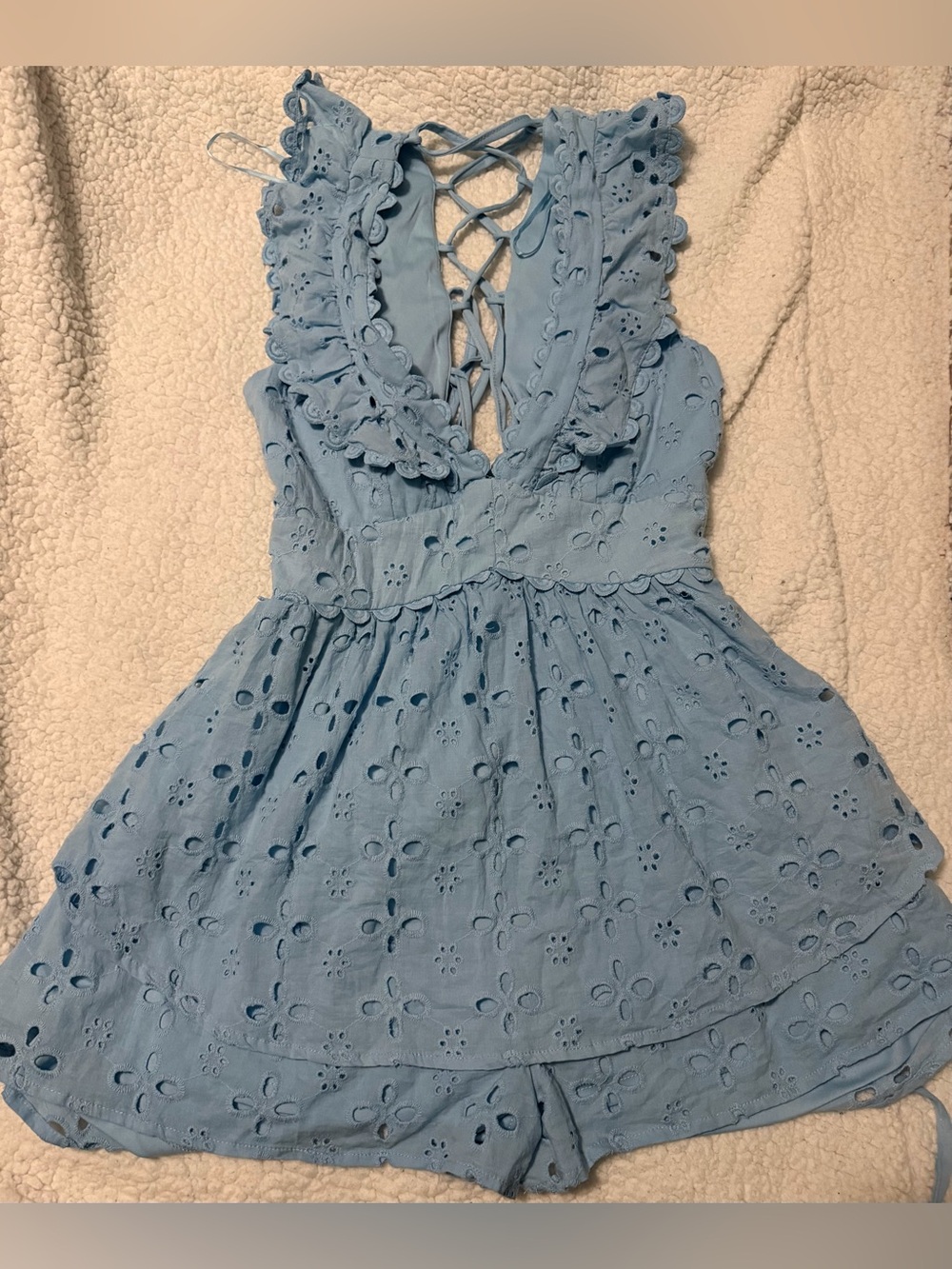 Altar'd State Light Blue Opal Eyelet Lace-Up Romper